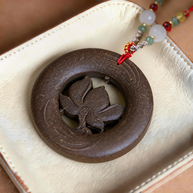 Lotus flower design, openwork lotus flower round pendant with relief carving, aromatherapy pendant. Hover Image