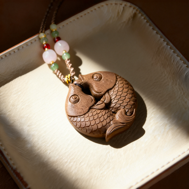 Peonymu Double-sided carved double-fish peace knot sandalwood pendant with aromatherapy function. Hover Image