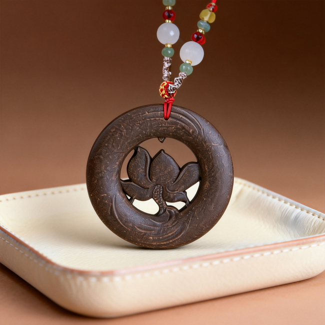 Lotus flower design, openwork lotus flower round pendant with relief carving, aromatherapy pendant. Main Image