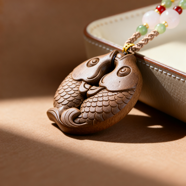 Peonymu Double-sided carved double-fish peace knot sandalwood pendant with aromatherapy function. Main Image